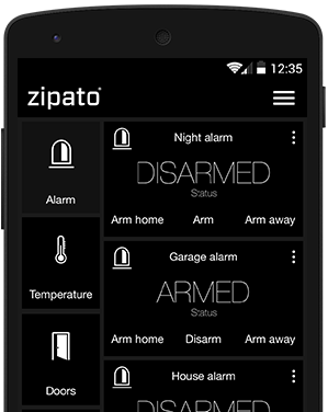 Zipato app showing alarm partitions, armed and disarmed