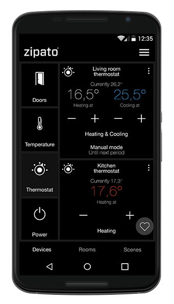 Zipato app controlling the living room and kitchen thermostats